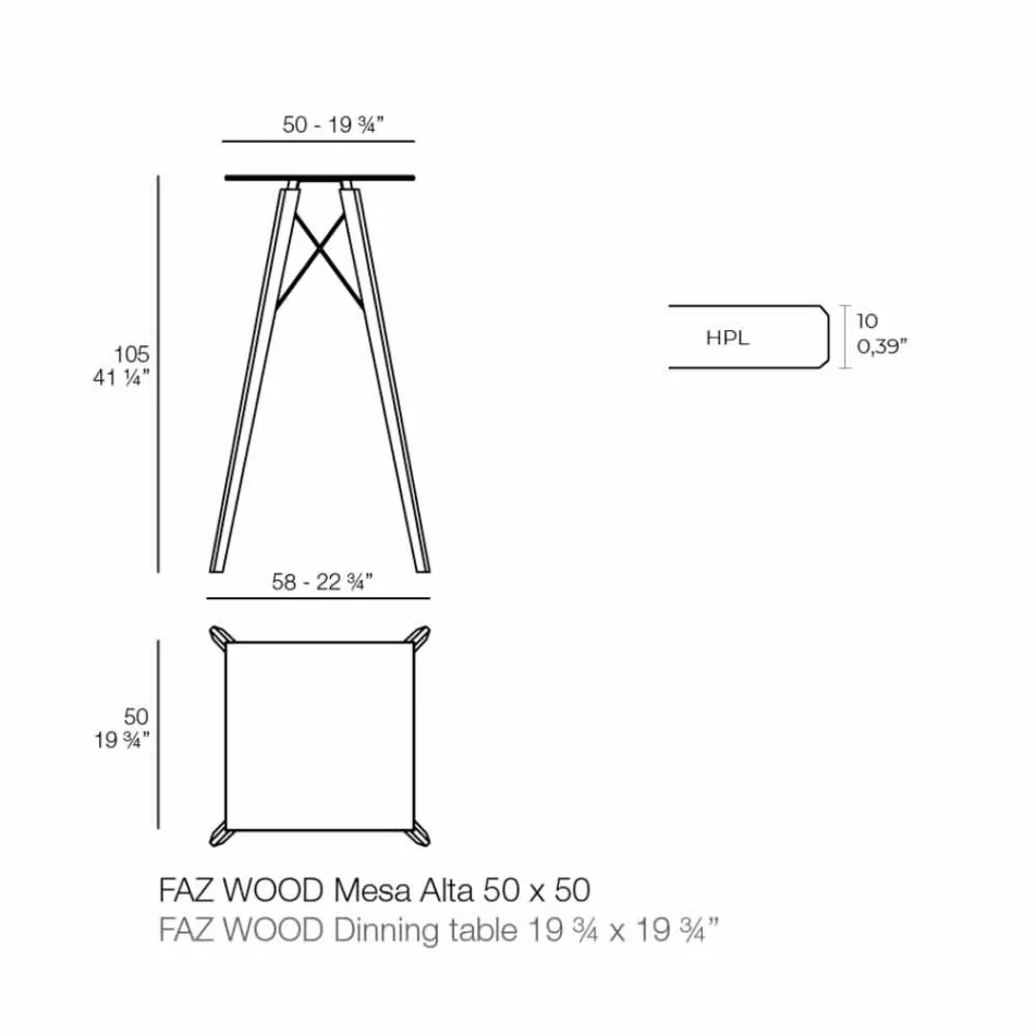 Masă înaltă de design pătrat din lemn și Hpl, 4 bucăți - Faz Wood de Vondom Viadurini