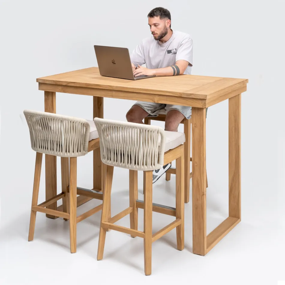 Masă înaltă de bar din lemn de tec natural periat - Sponda Viadurini