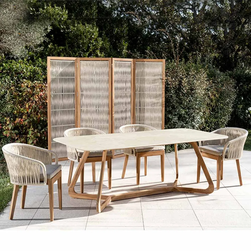 Masa cu Baza din Lemn si Blat Ceramica Chianca de la Ostuni - Infinity Viadurini