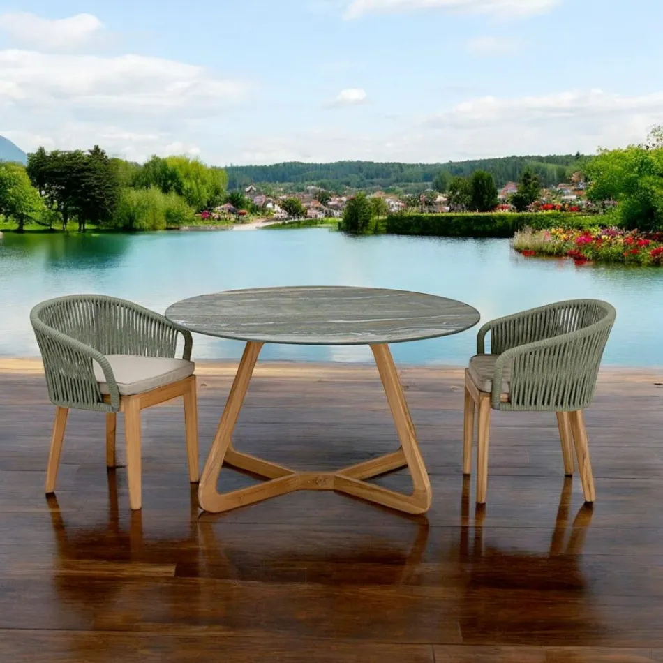 Masa cu Blat Ceramic si Baza din Teak Made in Italy - Casca Viadurini