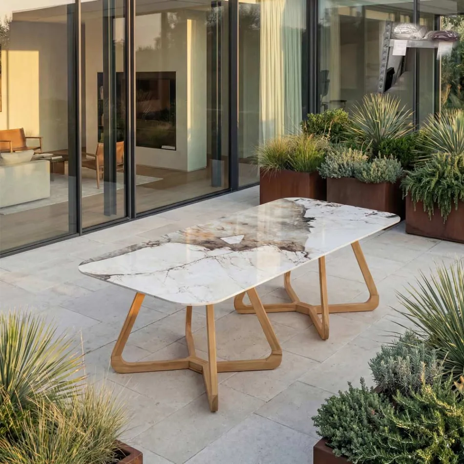 Masa cu Blat Ceramic si Baza din Teak Masi Made in Italy - Bluza Viadurini