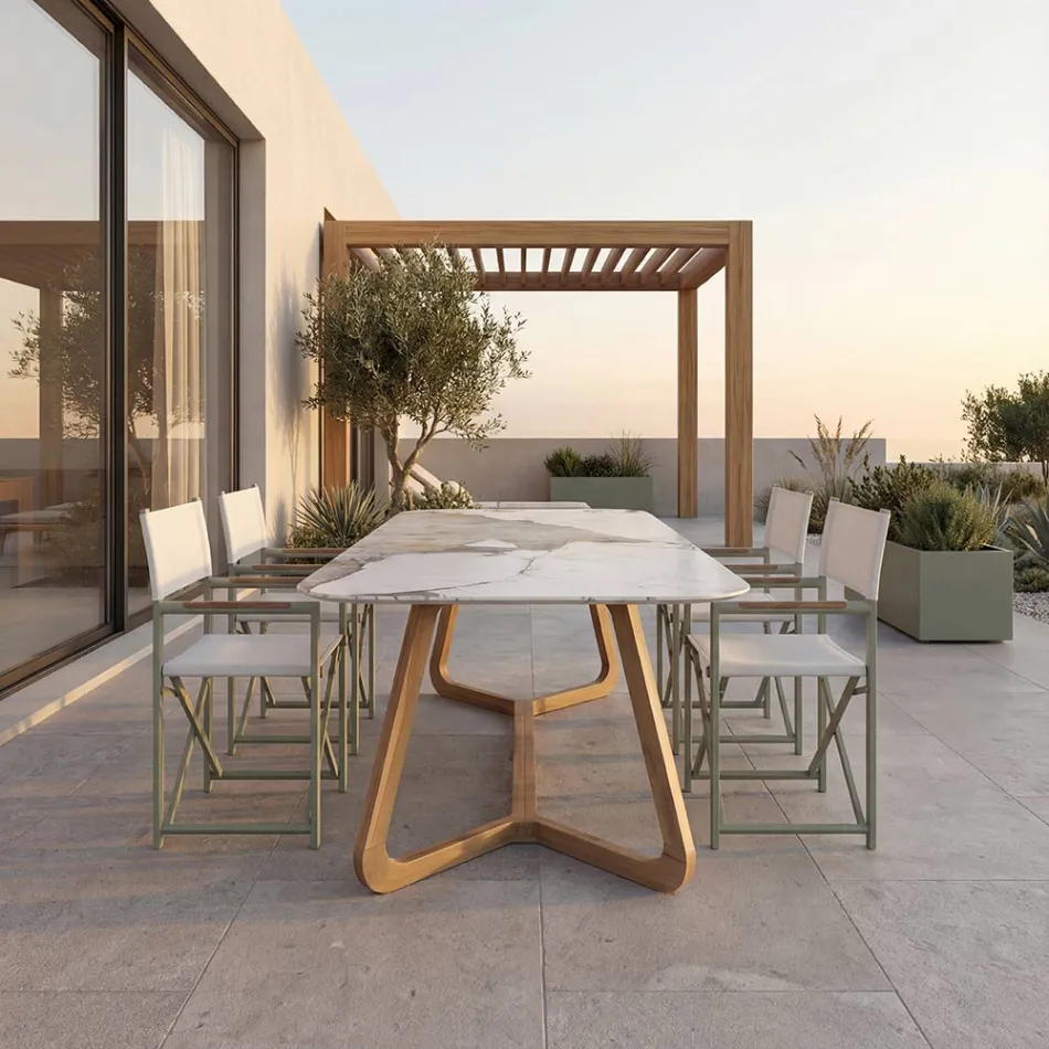 Masa cu Blat Ceramic si Baza din Teak Masi Made in Italy - Bluza Viadurini