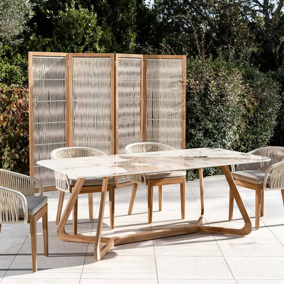 Masa cu Blat Ceramic si Baza din Teak Masi Made in Italy - Bluza Viadurini