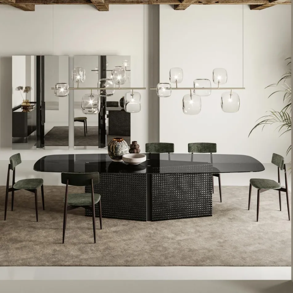 Masa cu blat din sticla modelata si baza din sticla topita si metal - Foglietto Viadurini