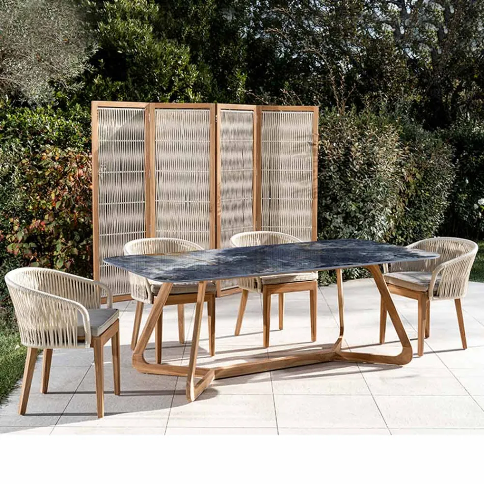 Masa de exterior cu baza din lemn si blat din ceramica albastru ocean - Infinity Viadurini