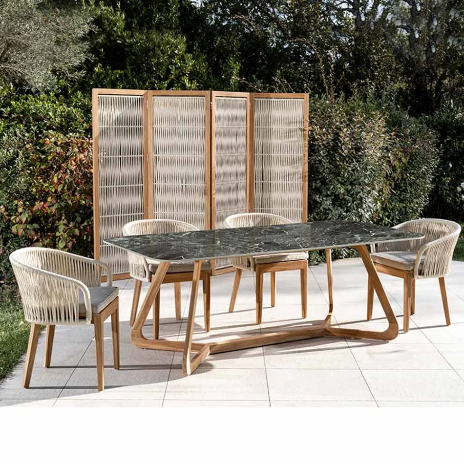 Masa de exterior cu baza din lemn si blat ceramica verde France - Infinity Viadurini