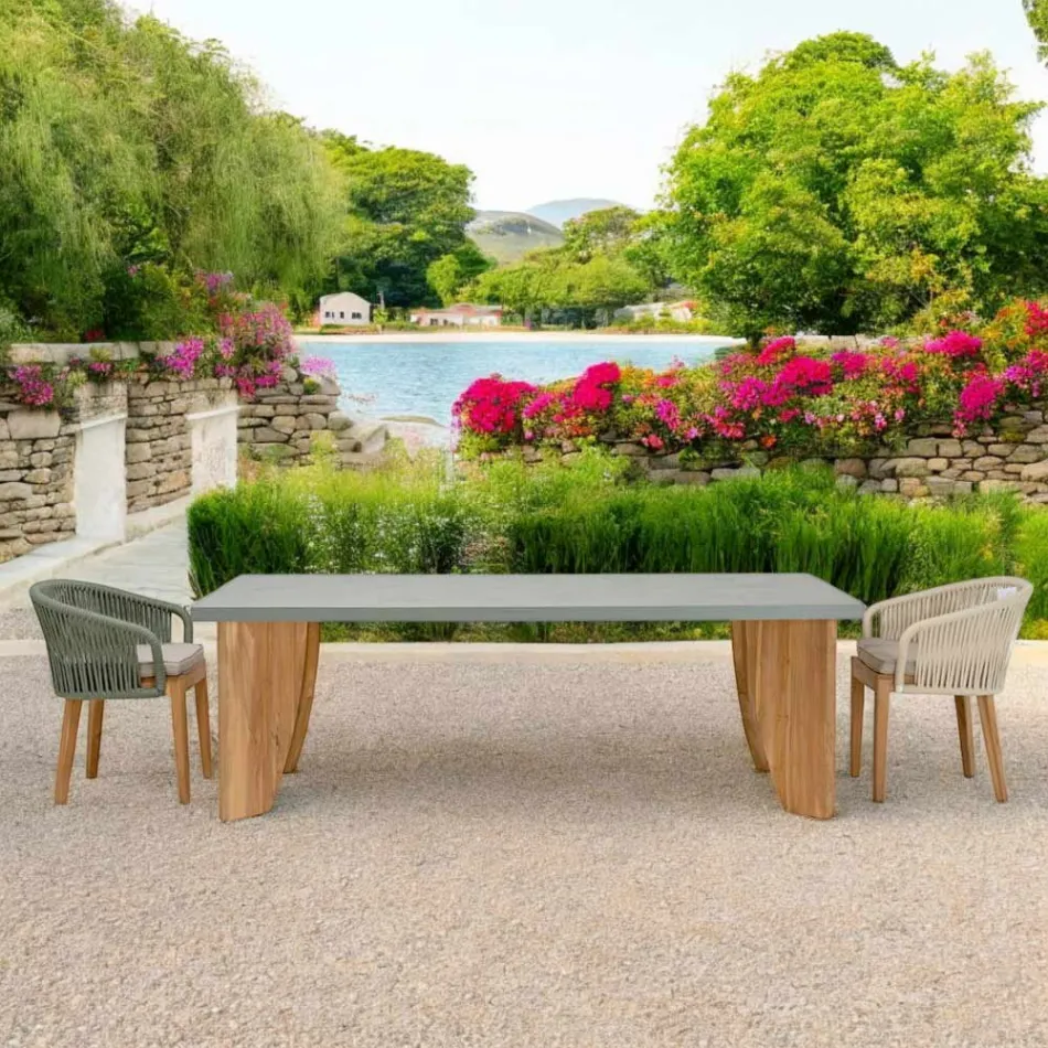 Masa de exterior din microciment Okumè si finisaj Teak Made in Italy - Creion Viadurini