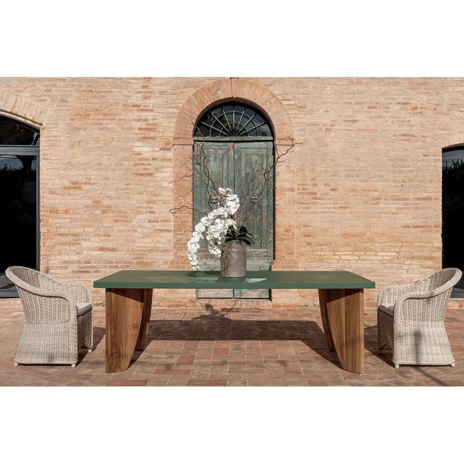 Masa de exterior din microciment Okumè si finisaj Teak Made in Italy - Creion Viadurini