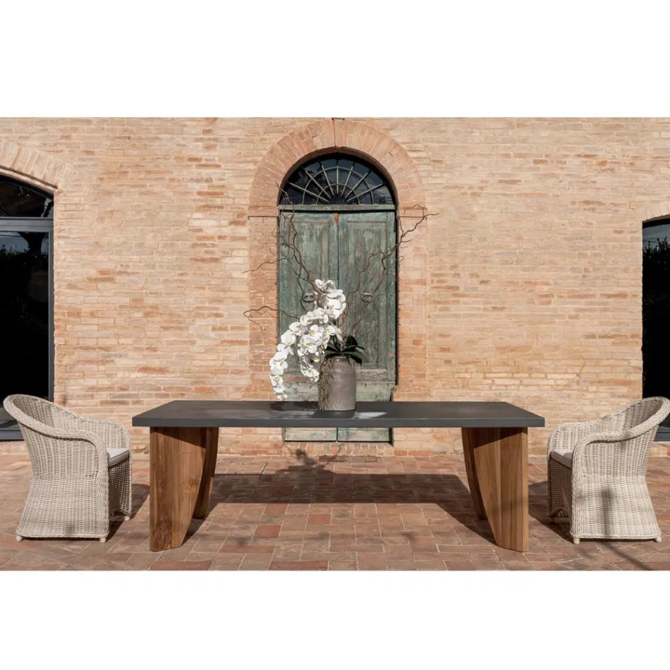 Masa de exterior din microciment Okumè si finisaj Teak Made in Italy - Creion Viadurini