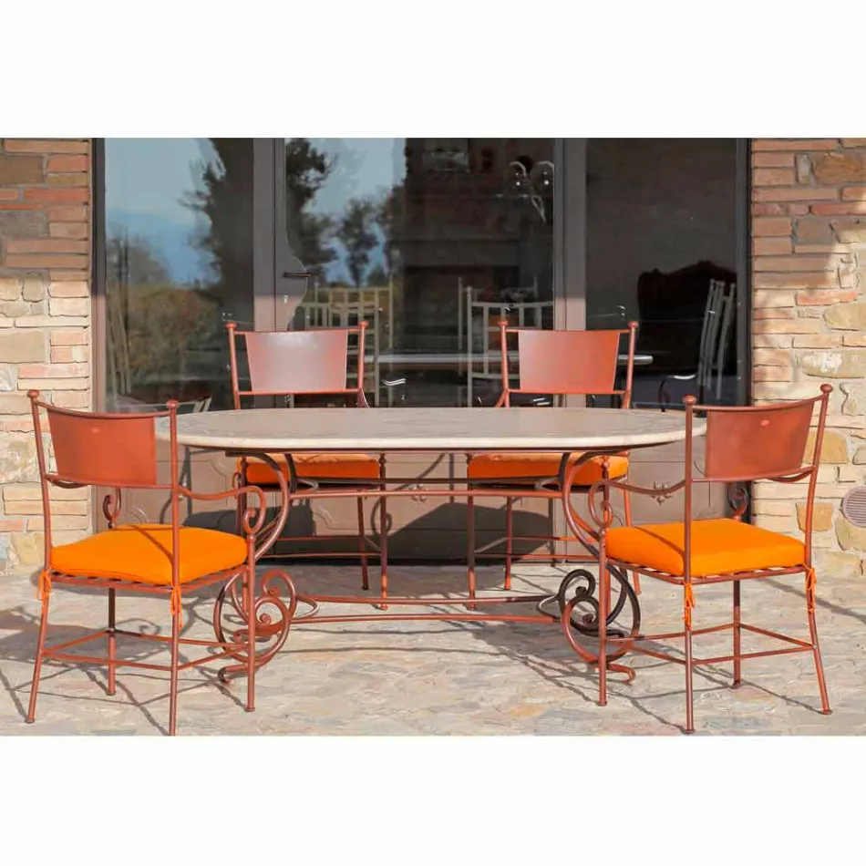 Masă de exterior în travertin cu inserții de mozaic Made in Italy - Elegant Viadurini