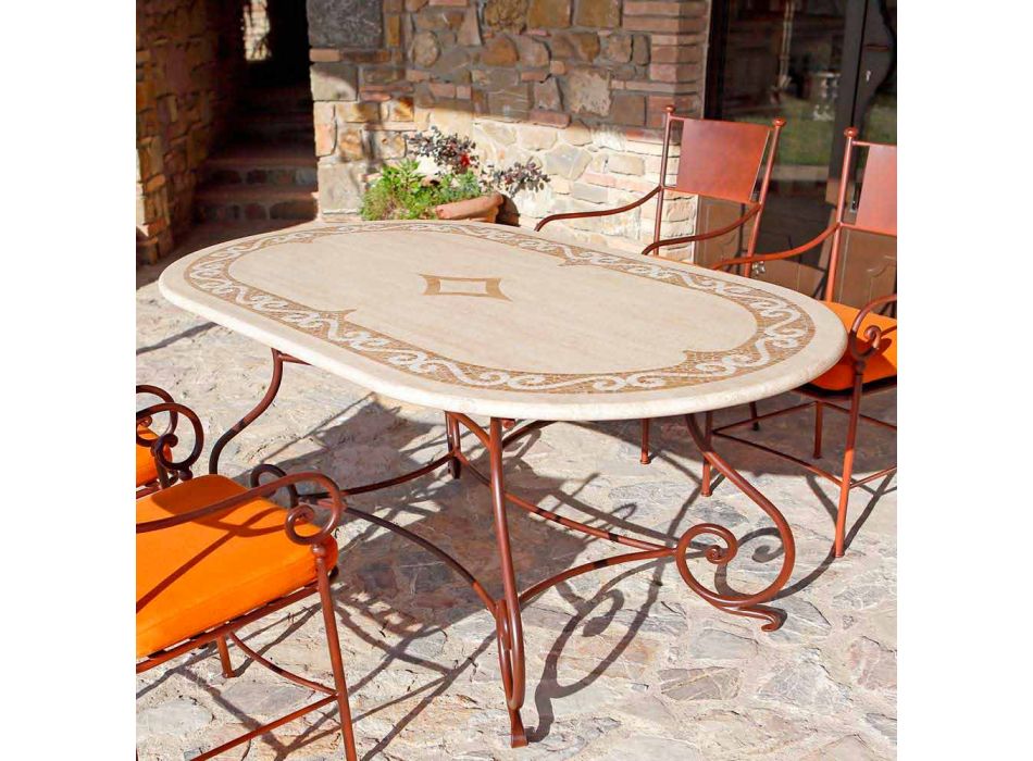 Masă de exterior în travertin cu inserții de mozaic Made in Italy - Elegant Viadurini