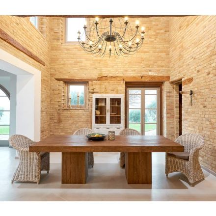 Masa de sufragerie cu baza dubla si 4 scaune din ratan - Slide Viadurini