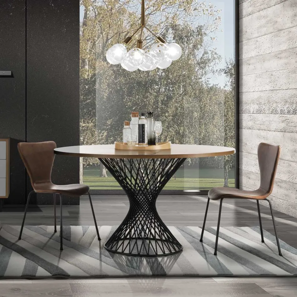 Masa de sufragerie cu blat rotund din Mdf furniruit de stejar - Emmanuel Viadurini