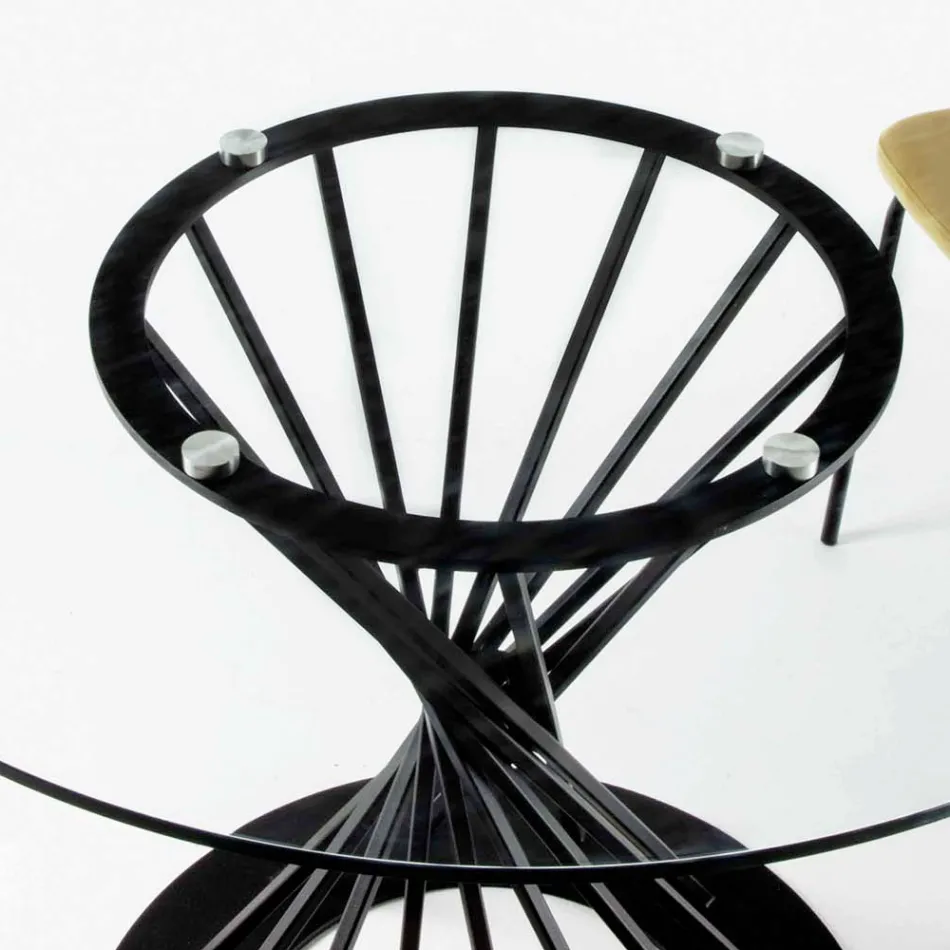 Masă de luat masa cu blat rotund din sticlă temperată și bază din oțel - Mileto Viadurini