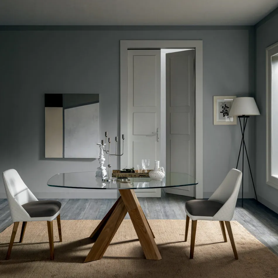 Masa de sufragerie pentru sufragerie Blat din sticla si picioare din lemn - Botanic Viadurini