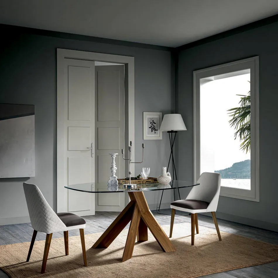 Masa de sufragerie pentru sufragerie Blat din sticla si picioare din lemn - Botanic Viadurini