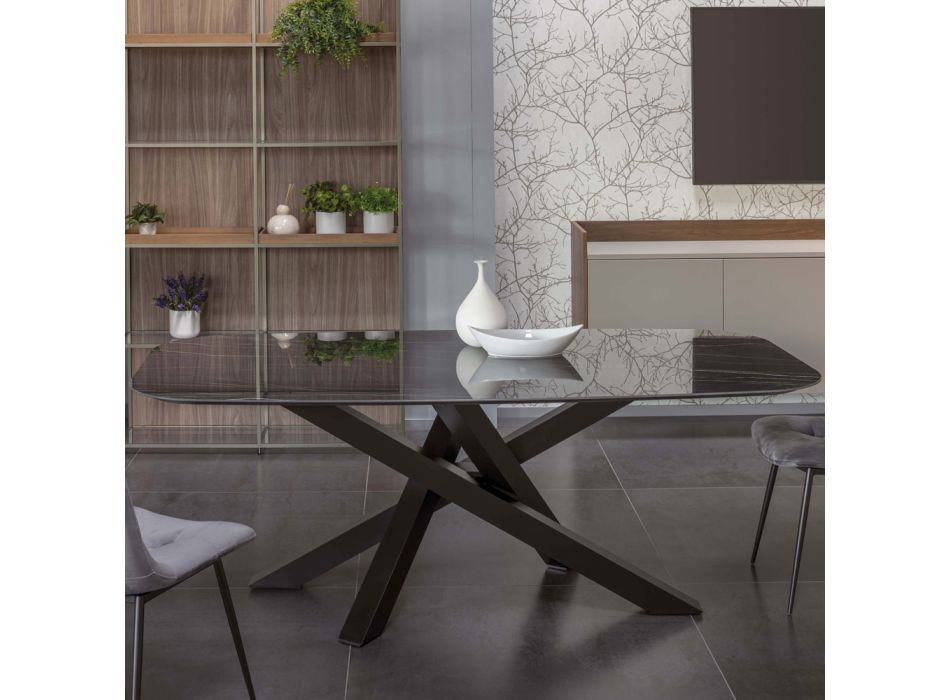 Masa de sufragerie eliptica din ceramica si aluminiu - Yamir Viadurini