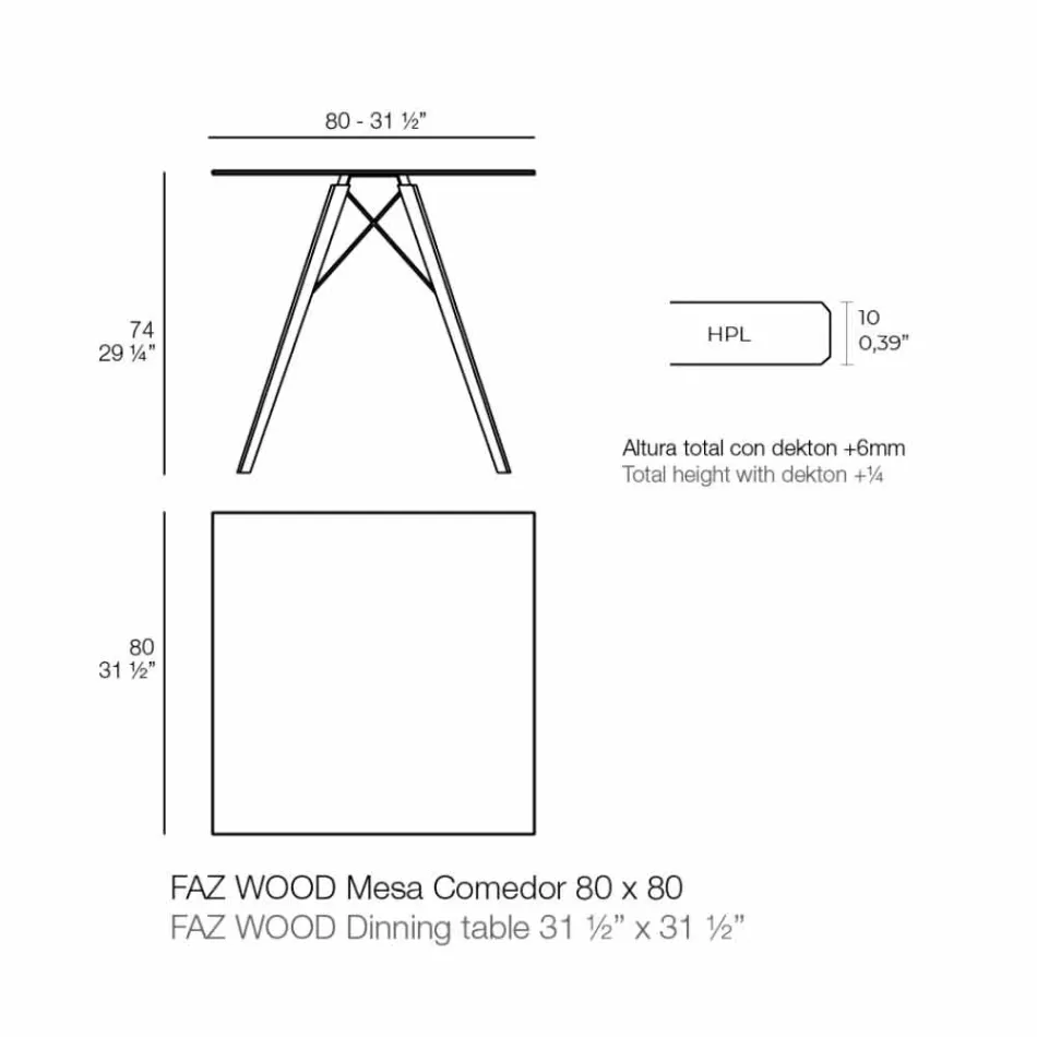 Masă de luat masa cu design pătrat din lemn și Hpl, 4 bucăți - Faz Wood de Vondom Viadurini
