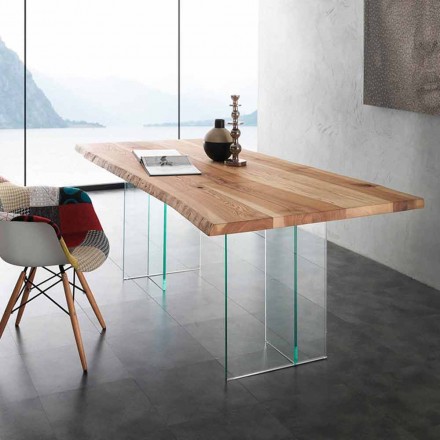 Masă de luat masa din lemn masiv și sticlă Marlon Viadurini