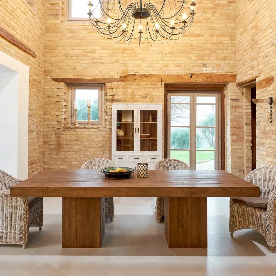 Masa de sufragerie din lemn tropical reciclat cu baza dubla - Slide Viadurini