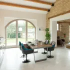 Masa de sufragerie din lemn tropical reciclat si picioare metalice - Slide Viadurini