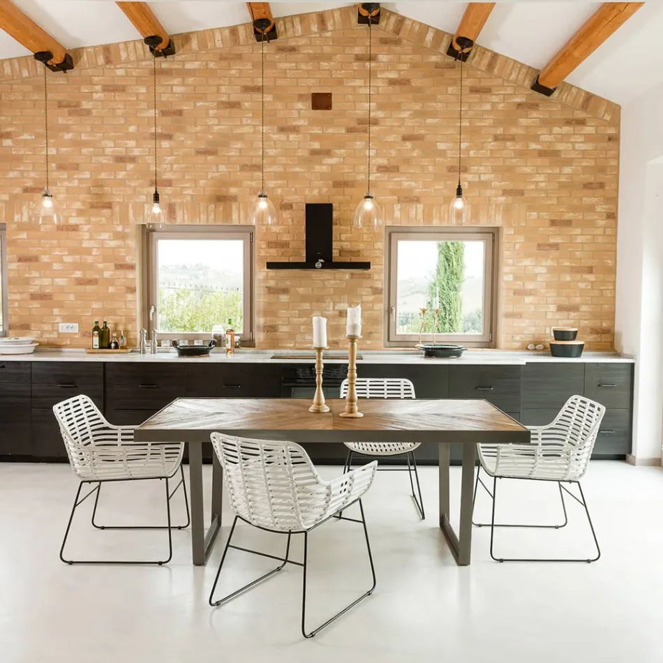 Masa de sufragerie din lemn tropical reciclat si picioare metalice - Slide Viadurini