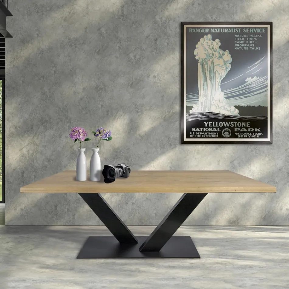 Masa de sufragerie din stejar placat Masellato si metal Made in Italy - Riad Viadurini