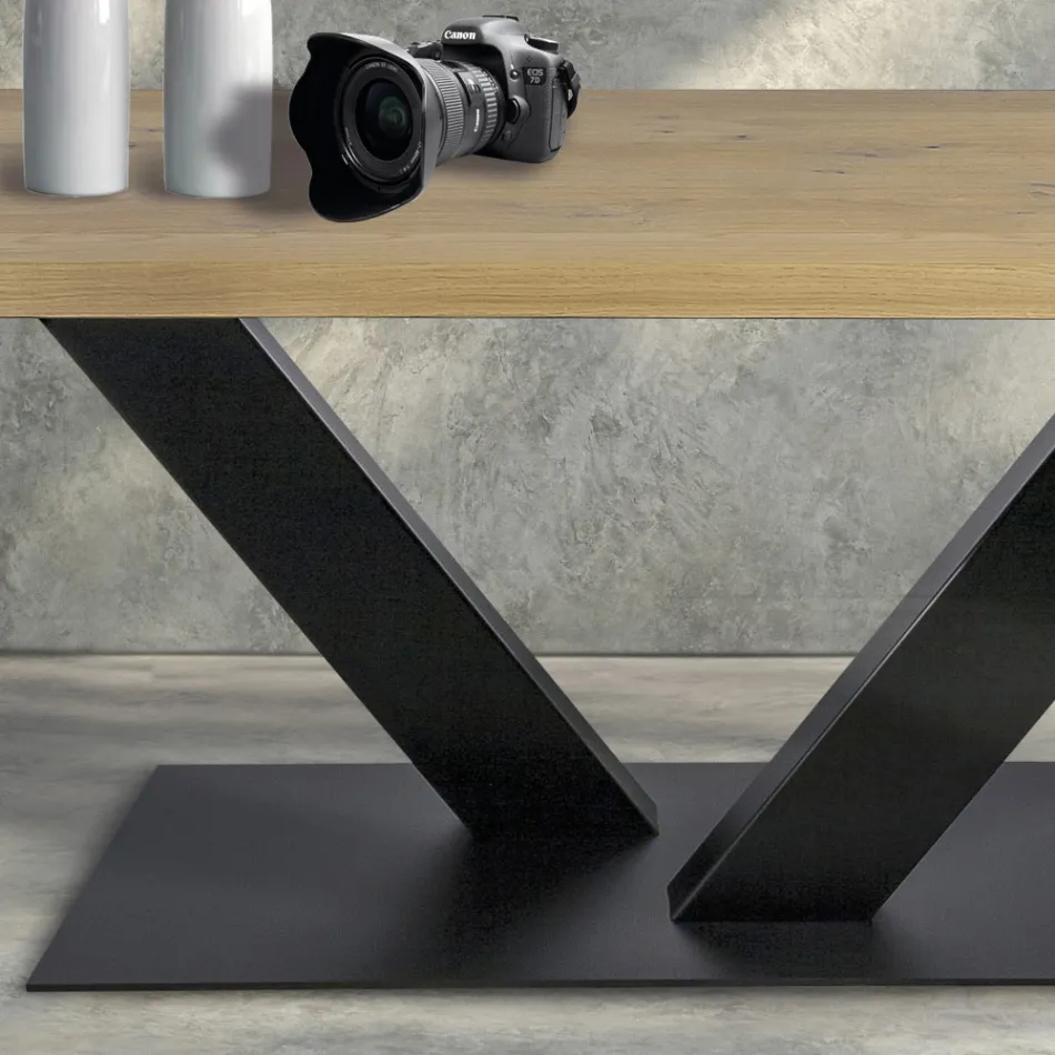 Masa de sufragerie din stejar placat Masellato si metal Made in Italy - Riad Viadurini