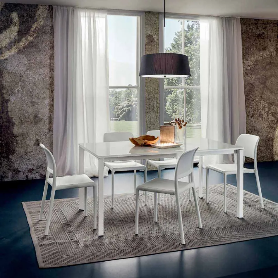 Masă de luat masa din sticlă albă și metal vopsit Fabricat în Italia - Broșă Viadurini