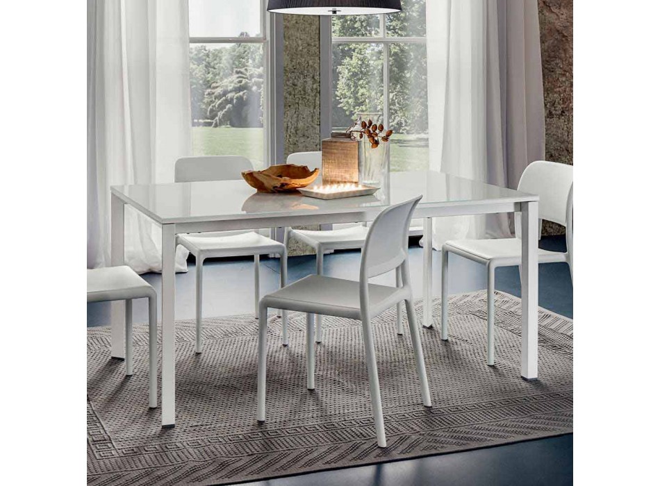 Masă de luat masa din sticlă albă și metal vopsit Fabricat în Italia - Broșă Viadurini