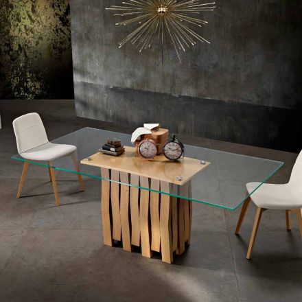 Masă de masă din sticlă și lemn masiv fabricată în Italia, Egisto Viadurini