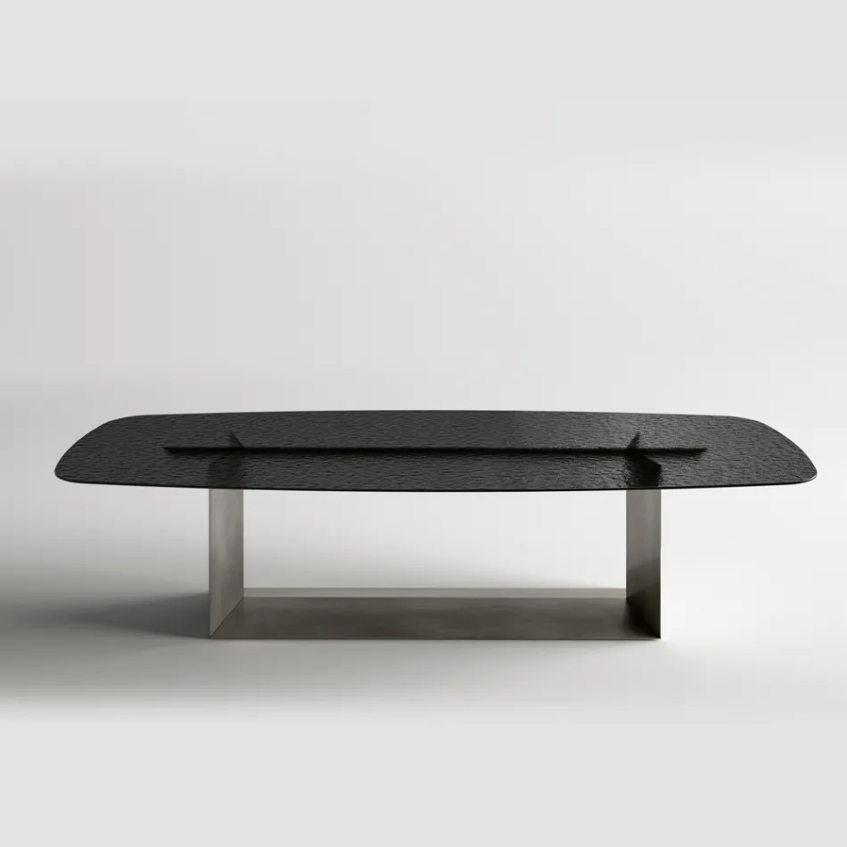 Masă de sufragerie design fabricată în Italia din sticlă fuzionată în bronz sau fumuriu - Moro Viadurini