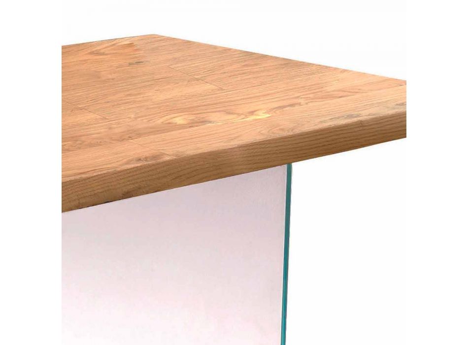 masă modernă în furnir de stejar, picioare de sticla Nico Viadurini