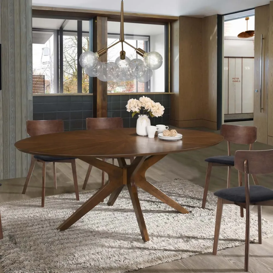 Masa de Sufragerie Ovala din Mdf cu Structura din Lemn Masiv - Fulmine Viadurini