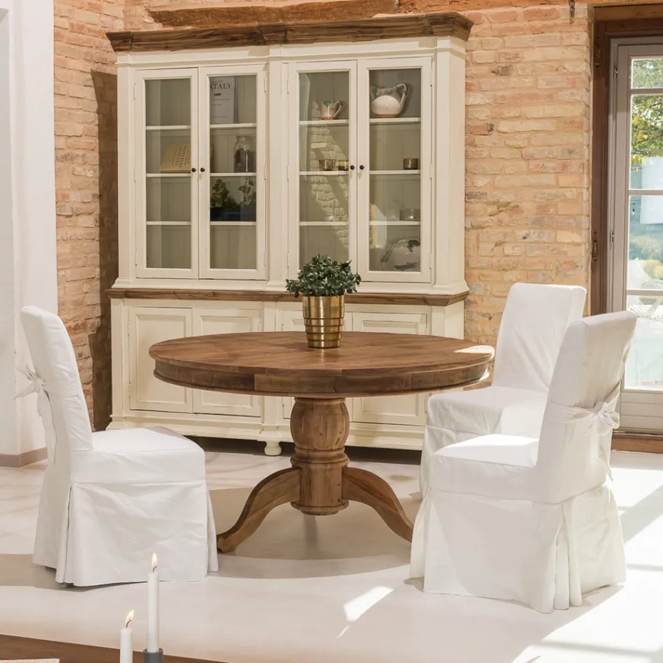 Masa de sufragerie rotunda din lemn tropical reciclat cu baza centrala - Slide Viadurini