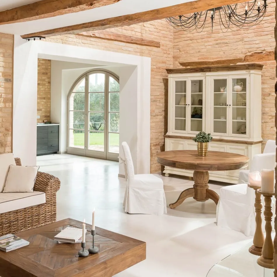 Masa de sufragerie rotunda din lemn tropical reciclat cu baza centrala - Slide Viadurini