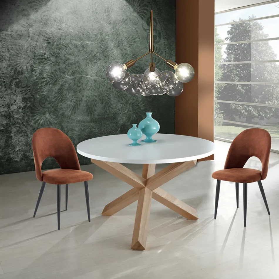 Masa rotunda din Mdf alb mat si lemn masiv - Dante Viadurini