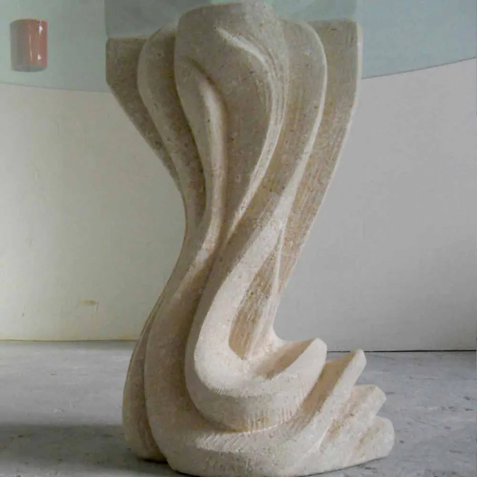 masă rotundă în piatră, cu partea de sus de sticlă Cadmus Viadurini