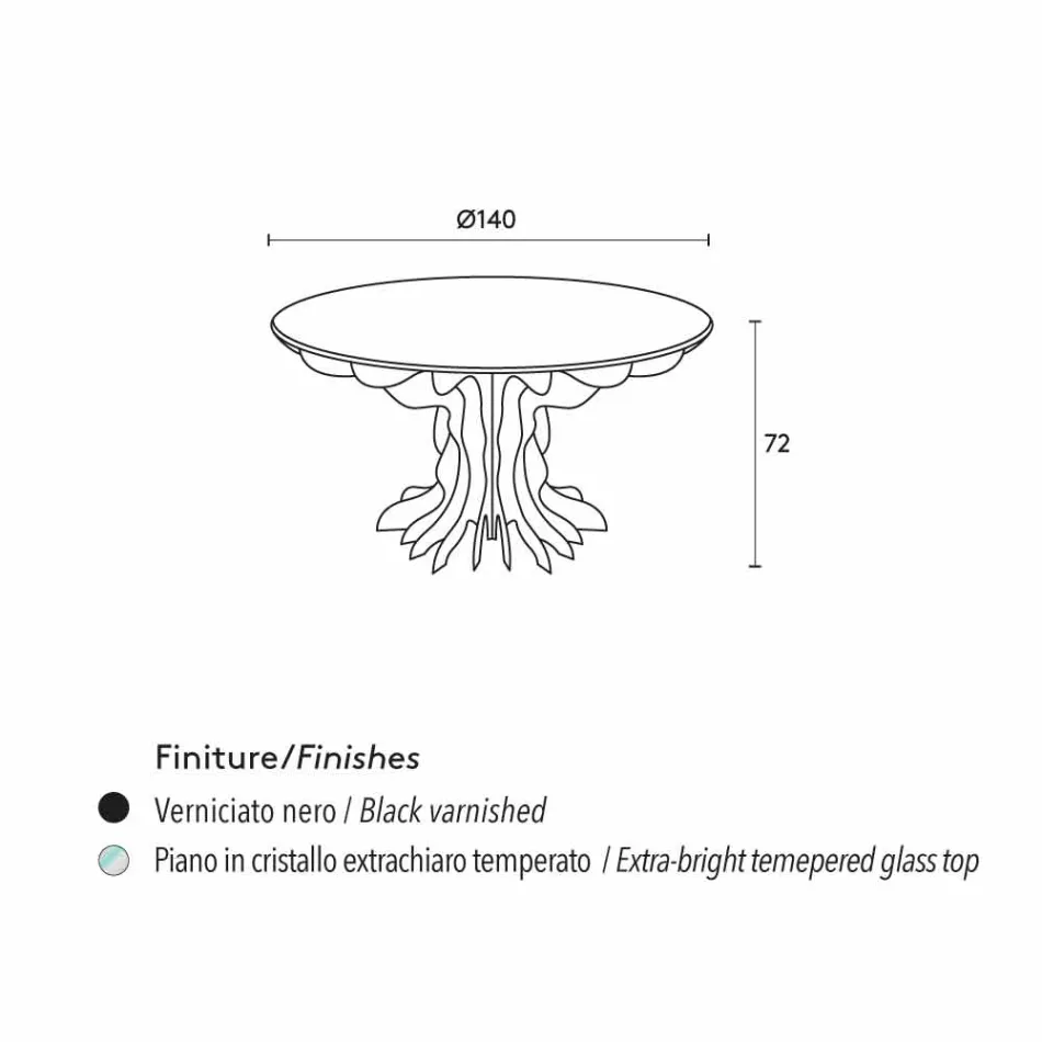 masă rotundă Cassia, pian lemn negru si sticla de top Viadurini