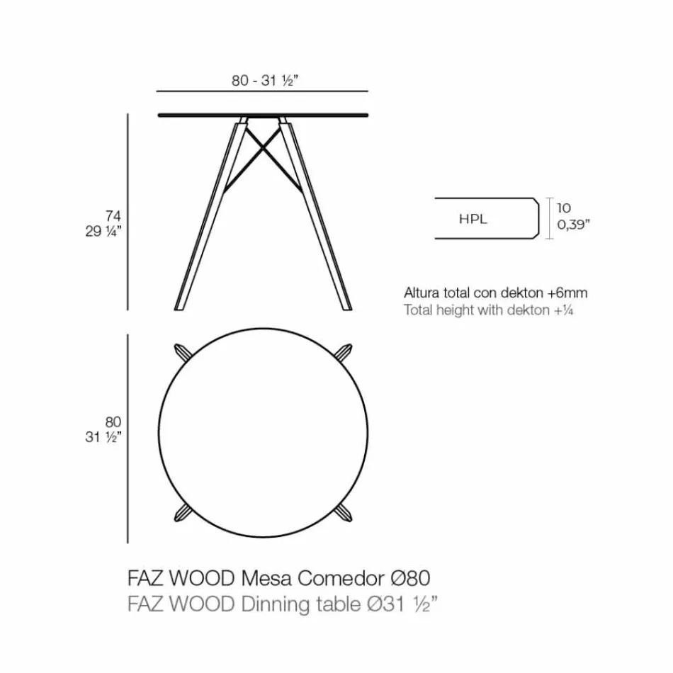 Masă rotundă de masă din lemn și blat Hpl, 4 bucăți - Faz Wood de Vondom Viadurini