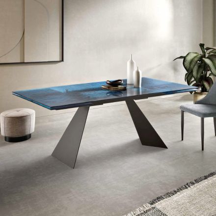 Masa de sufragerie 160x90 cu blat din sticla ciocanita transparenta - Martello Viadurini