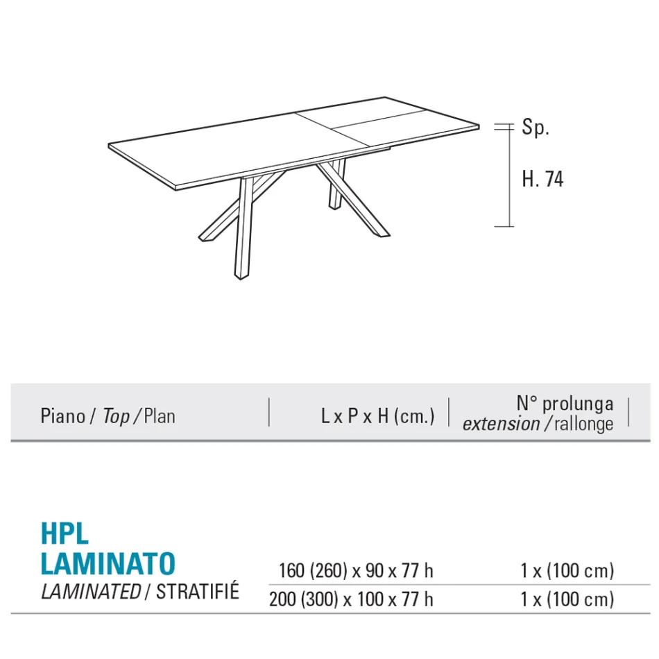 Masă extensibilă de living 260 sau 300 cm din metal și HPL - Borgo Viadurini
