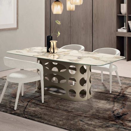 Masă fixă 210x110 cm cu blat ceramic cu efect de marmură - Tano Viadurini