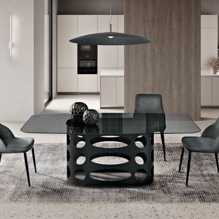 Masă fixă 210x110 cm cu blat din sticlă fumurie netedă, fabricată în Italia - Tano Viadurini