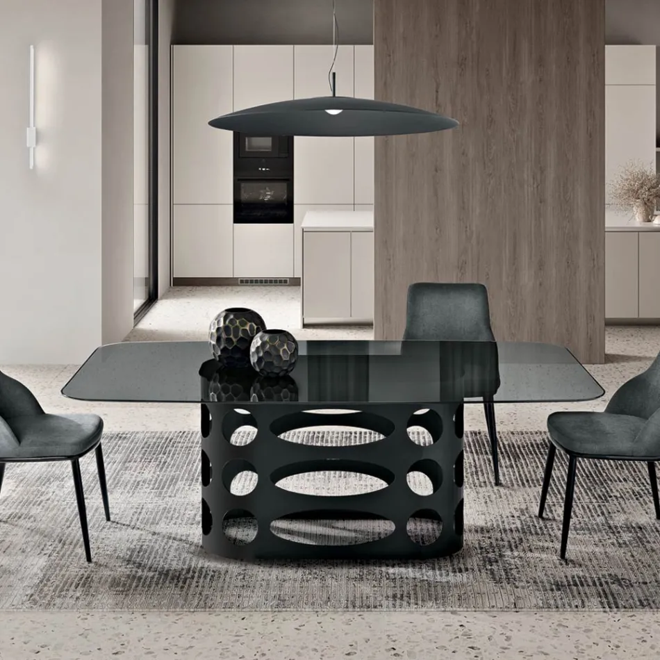 Masă fixă 210x110 cm cu blat din sticlă fumurie netedă, fabricată în Italia - Tano Viadurini