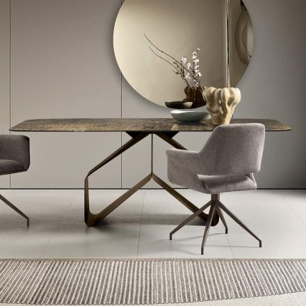 Masă fixă 210x110 cm cu blat din sticlă ciocănită și bază metalică - Adriano Viadurini