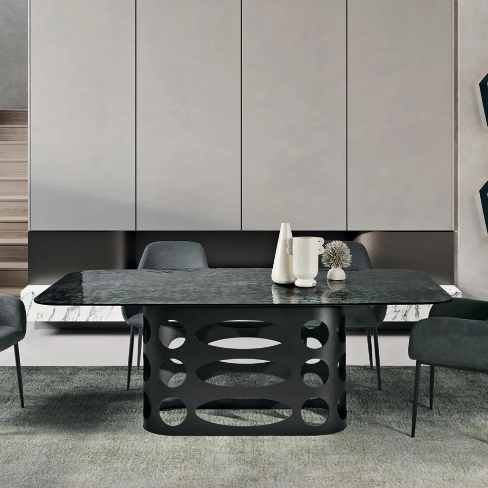 Masă fixă 210x110 cm cu blat din sticlă ciocănită fabricată în Italia - Tano Viadurini