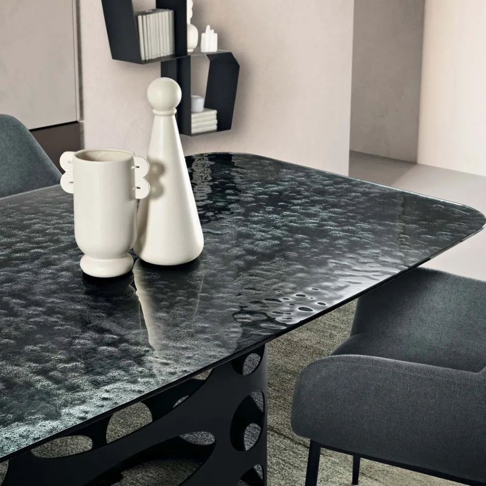 Masă fixă 210x110 cm cu blat din sticlă ciocănită fabricată în Italia - Tano Viadurini