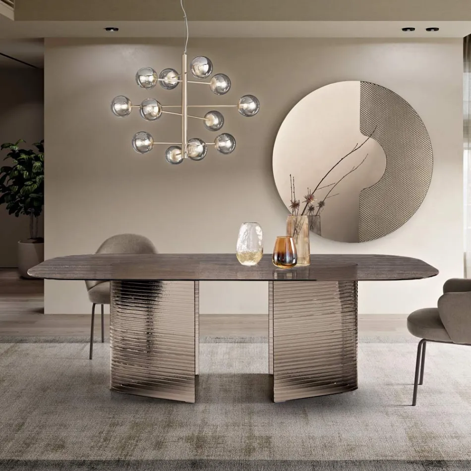 Masă fixă 240x120 cm din sticlă transparentă cu nervuri, fabricată în Italia - Varo Viadurini