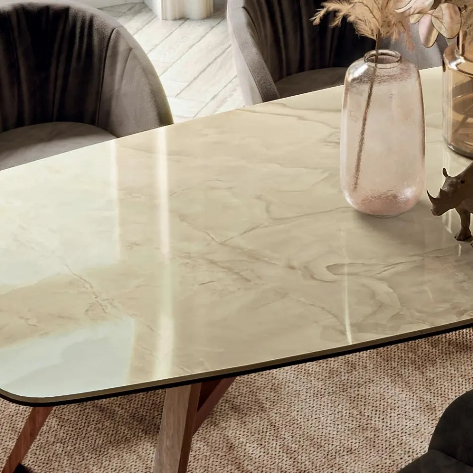 Masă fixă în formă de butoi cu bază de frasin din nuc Canaletto Fabricată în Italia - Nord Viadurini